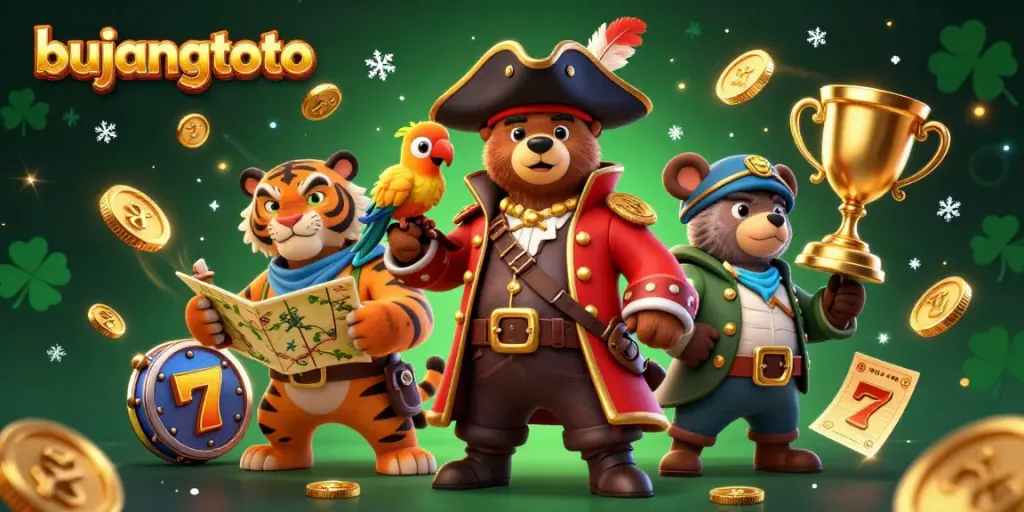 Experience exciting wins with bujangtoto, featuring playful cartoon characters in a vibrant slot scene.