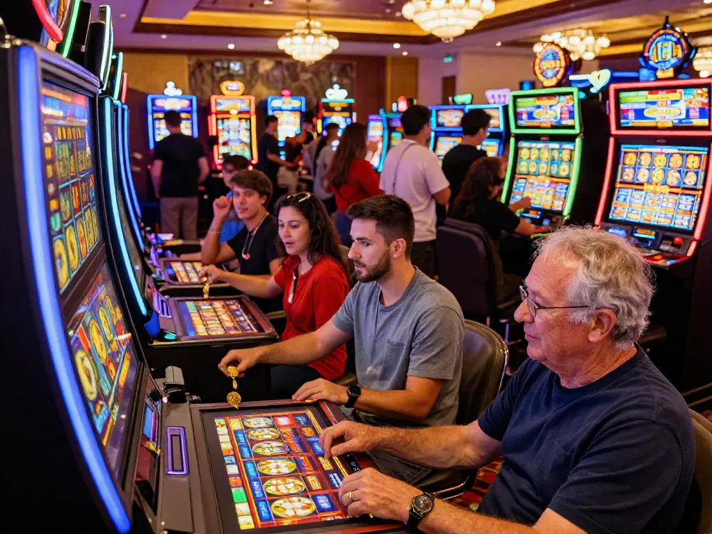 Players enjoying slot gacor machines in a lively casino environment.