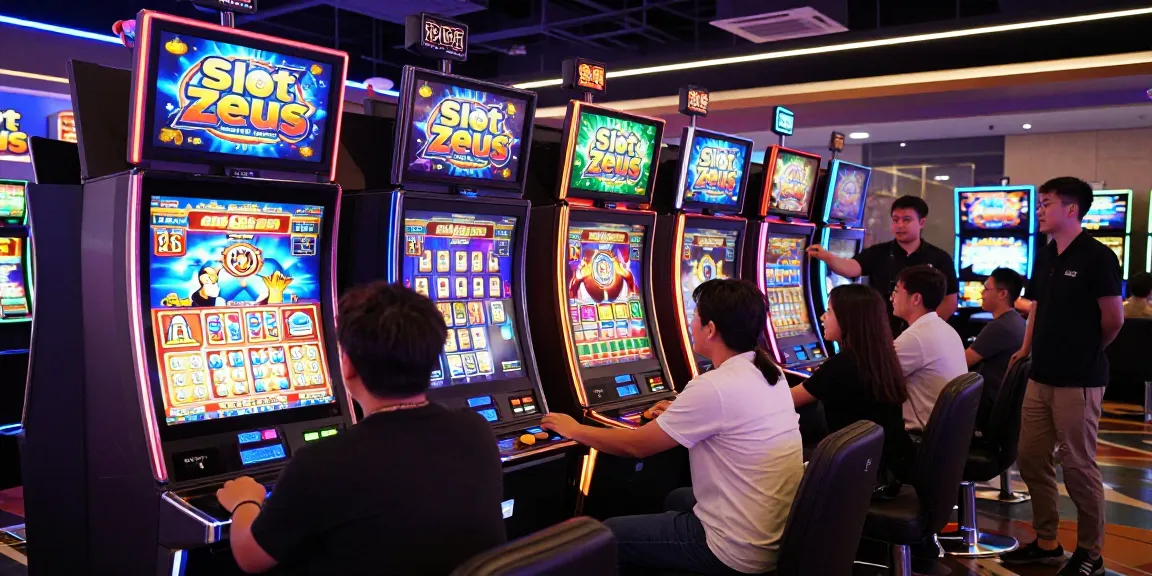 Players enjoying the excitement of situs raja at Slot Zeus machines in a vibrant casino atmosphere.