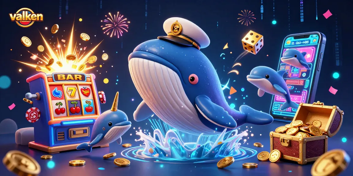 Engage with valken's captivating casino adventure featuring a playful whale and dolphins amidst vibrant gaming elements.