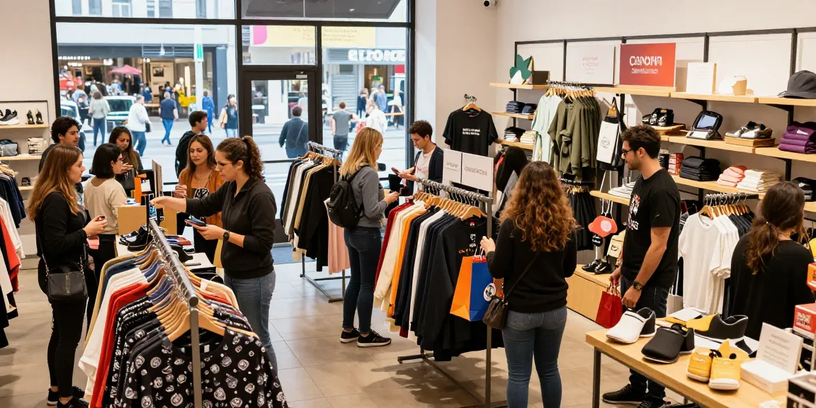 Customers exploring trendy fashion slots in a vibrant retail store.