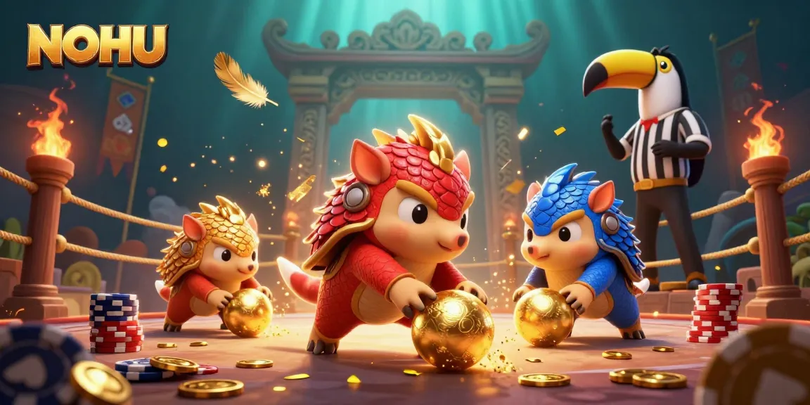 NOHU pangolins compete rolling poker chips in a vibrant casino atmosphere.