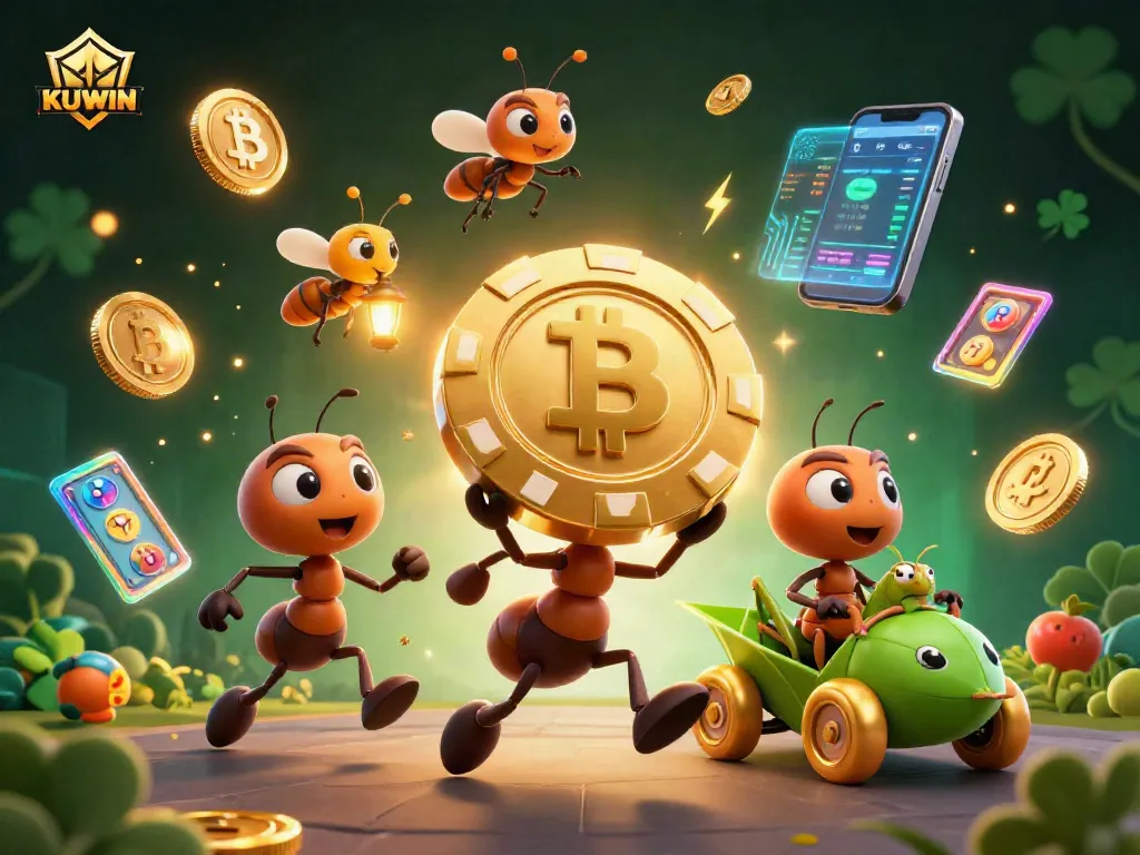 KUWIN engages players with a 3D scene of ants heisting a giant poker chip amidst glowing crypto coins.