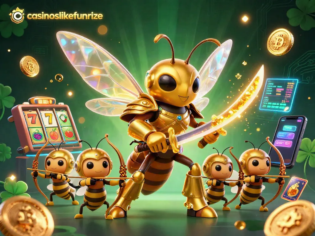 Experience top sweepstakes action like casinoslikefunrize with golden hornet warriors in a vibrant casino landscape.