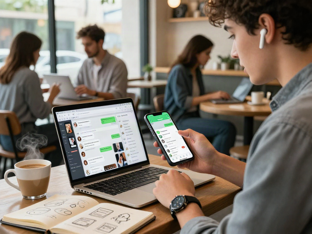 Engaging smartphone user exploring gbwhatsapp features in a lively café.