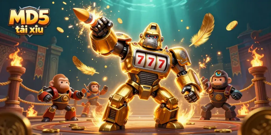 Experience the thrill of MD5 tài xỉu with our dynamic illustration of a golden gorilla mech amidst an exciting casino atmosphere.