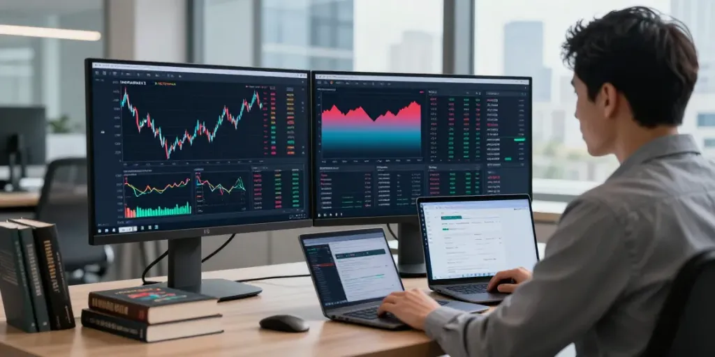 Trader using MetaTrader 5 in a dynamic workspace analyzing financial markets with charts and data