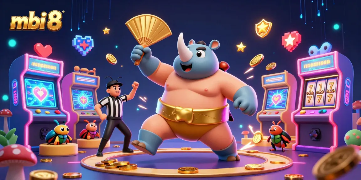 Experience exciting gaming action at mbi 8 with a dynamic scene of a beetle champion and colorful casino elements.