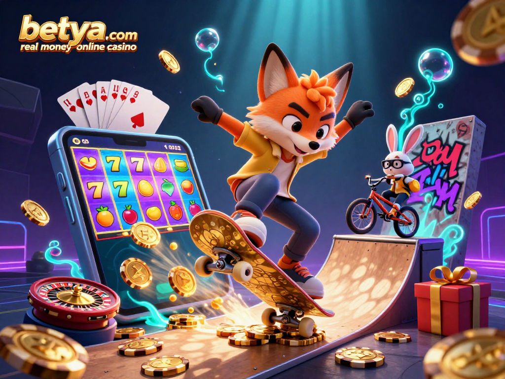Engage with the dynamic scene showcasing betya.com real money online casino's thrill with exciting gaming elements.