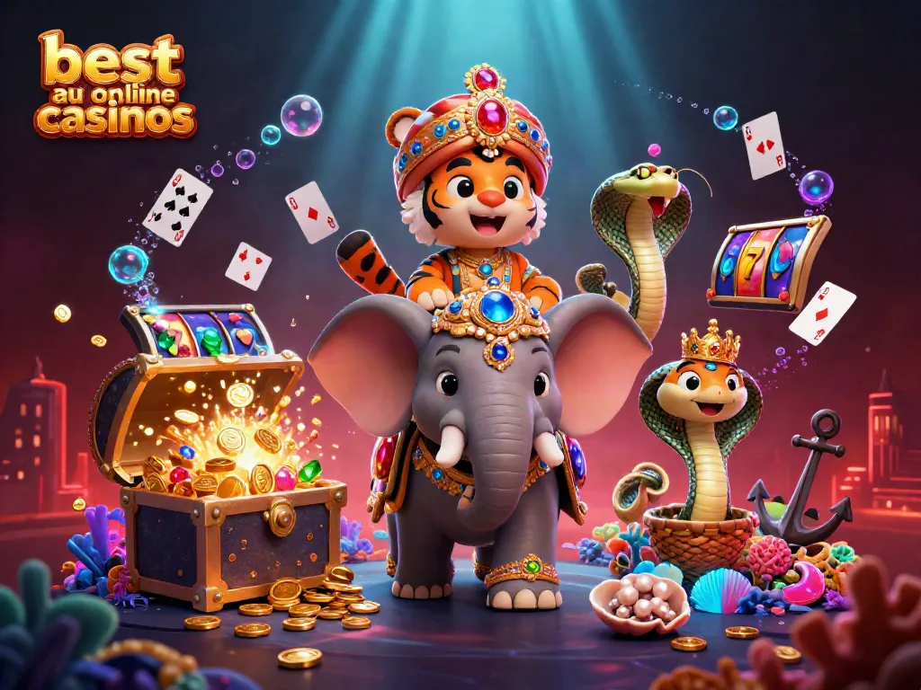 Engaging 3D scene showcasing the best AU online casinos with a maharaja tiger, elephant, and casino elements.