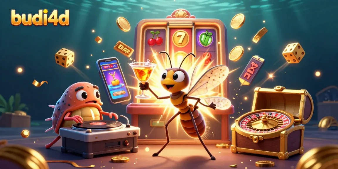 Experience the excitement of budi4d with a colorful 3D casino scene featuring slot machines and a festive atmosphere.