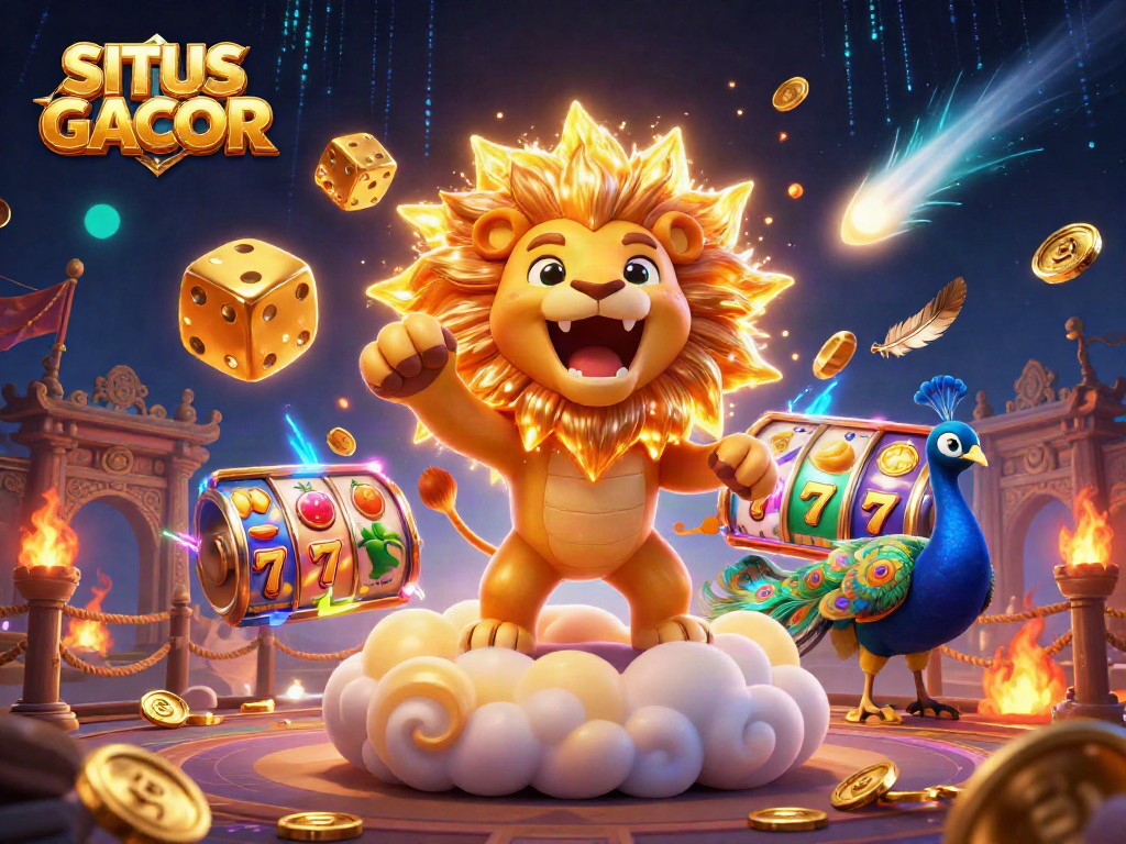 SITUS GACOR energizes slot gaming with a fierce sun lion, golden dice, and peacock amidst vibrant game elements.