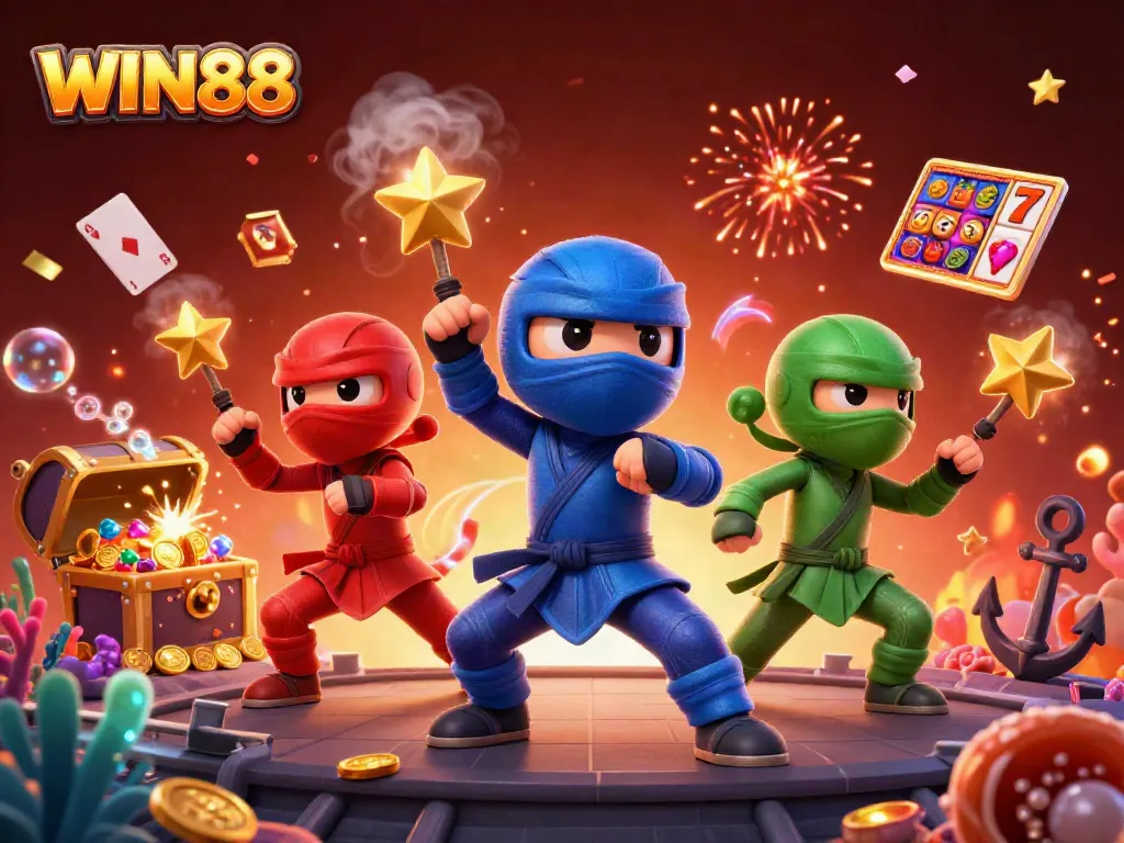 Experience thrilling action at WIN88 with ninja chameleons amidst golden slots and treasure in this vibrant illustration.