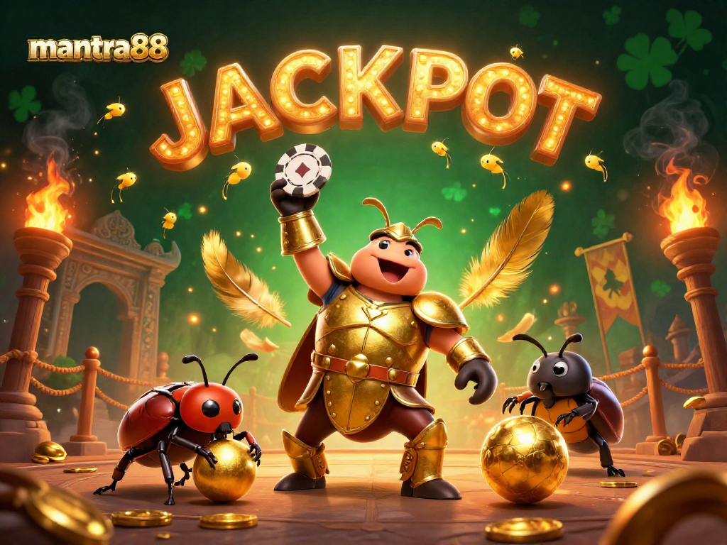 Experience the excitement of mantra88 with a victorious beetle champion lifting a poker chip, surrounded by dazzling casino elements.