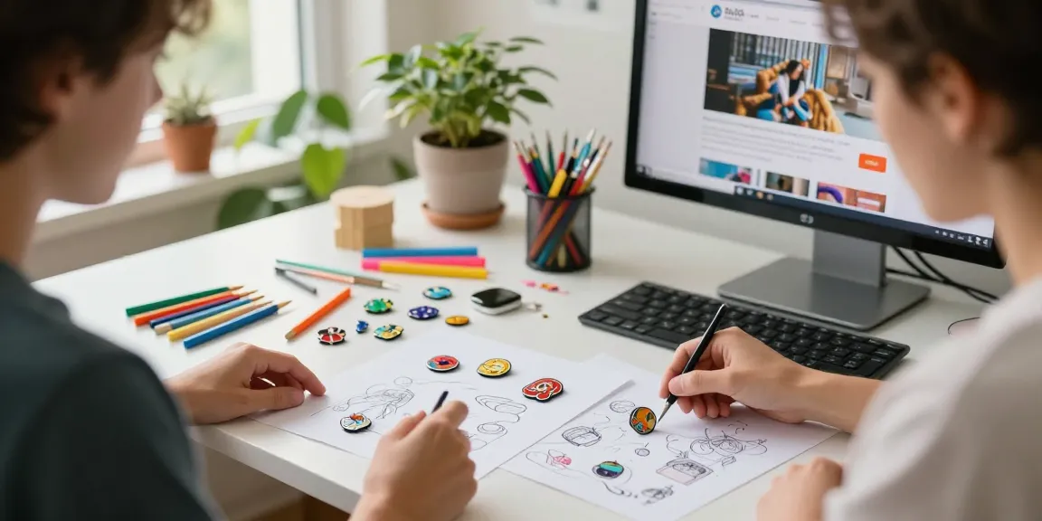Custom pins displayed in a creative workspace with design tools and vibrant accessories.
