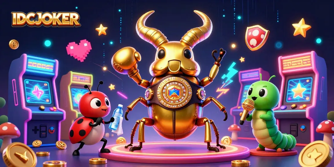 IDCJOKER showcases vibrant casino experiences with a glowing golden stag beetle champion and engaging gaming elements.