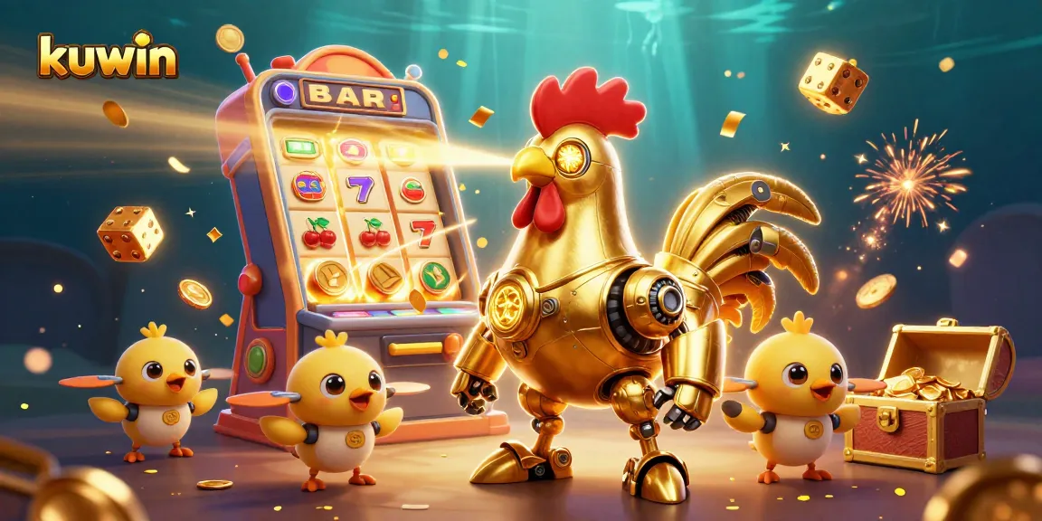 Kuwin's exciting gaming experience with a golden rooster robot and vibrant casino elements.