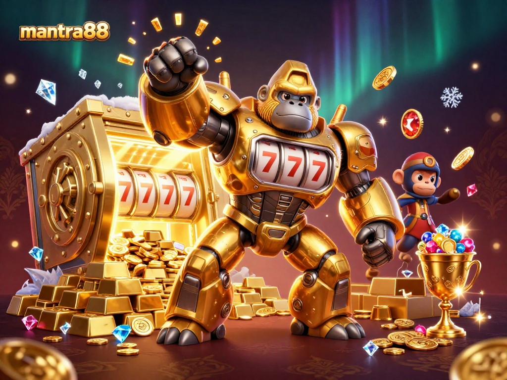 Experience exhilarating gameplay at mantra88 with a dynamic golden gorilla mech in a vibrant casino scene.