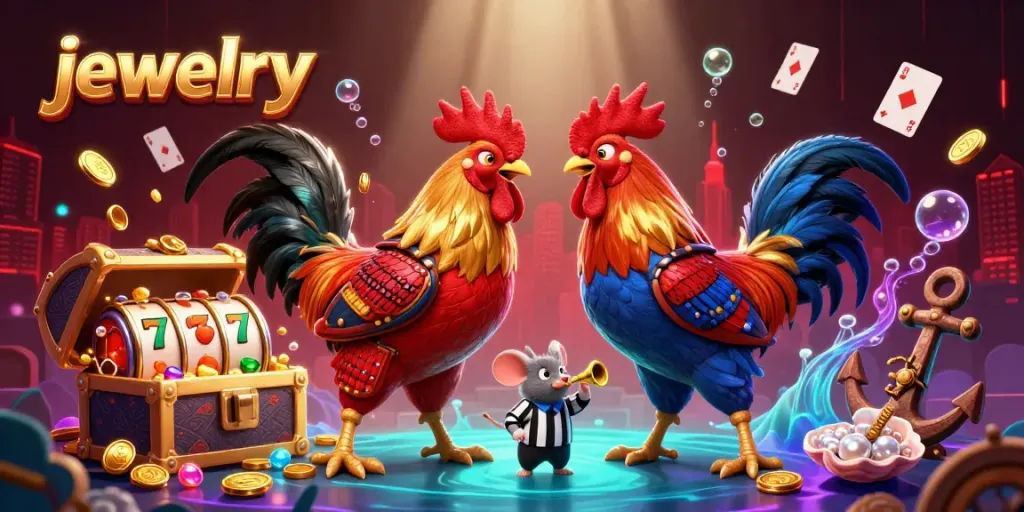 Experience exciting jewelry gameplay with a dramatic standoff between cartoon fighting roosters amidst slot reels.