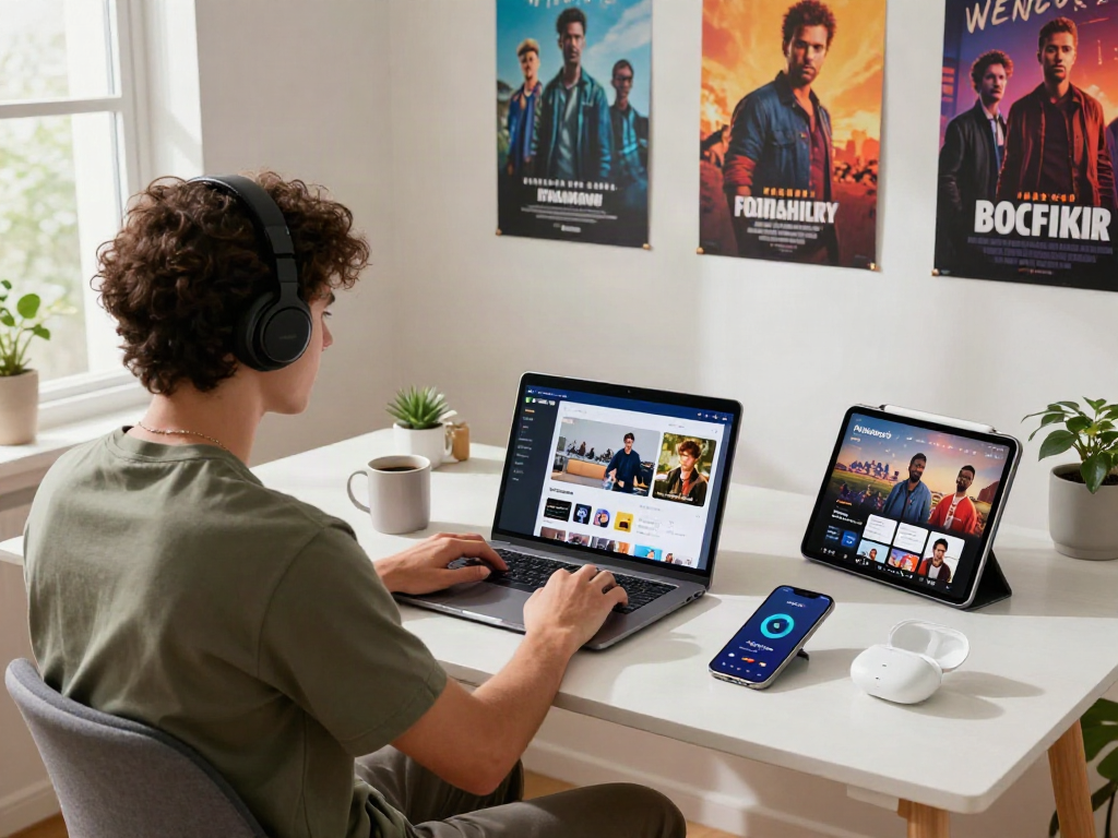 Young individual streaming content using Pikashow APK in a modern home office.