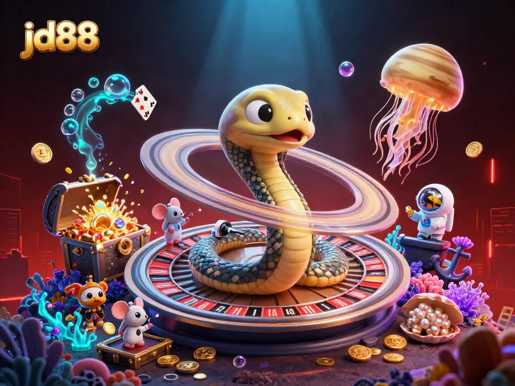 Experience jd88 with an exciting cosmic casino scene featuring a snake roulette wheel and astronaut mice.