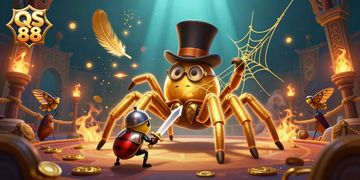 Engage with QS 88 in a vibrant online casino scene featuring a golden tarantula and beetle knight.
