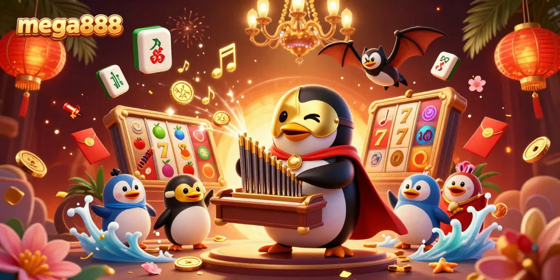 Experience mega888's vibrant online slots with a cartoon penguin playing a magical organ amid gold coins.