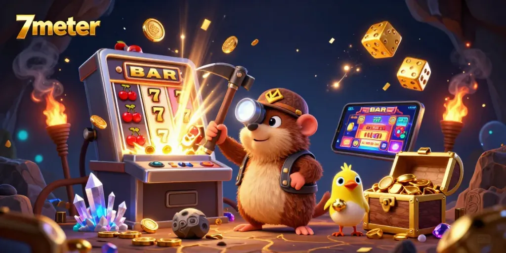 Experience thrilling gaming at 7meter with a treasure hunter and a slot machine jackpot bursting with coins.