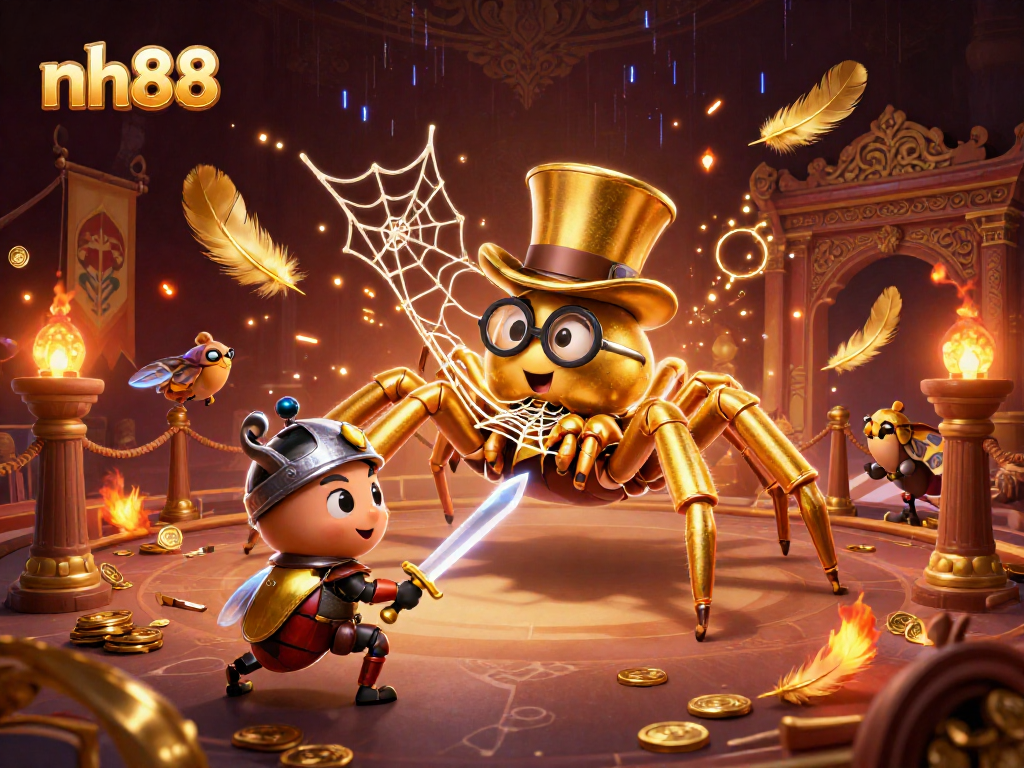 Experience the thrill of nh88 with a dynamic 3D casino illustration showcasing a golden tarantula and beetle knight.