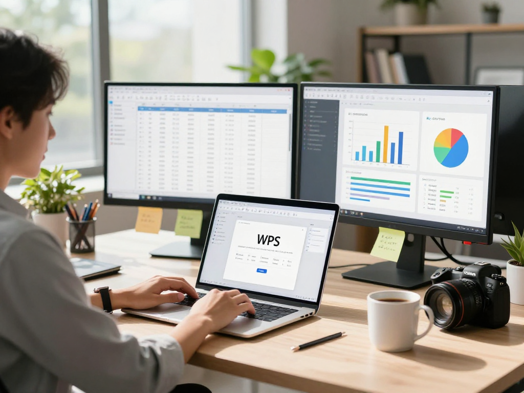 在现代办公室工作中使用WPS Office文档的专业人士，显示办公环境和生产力。