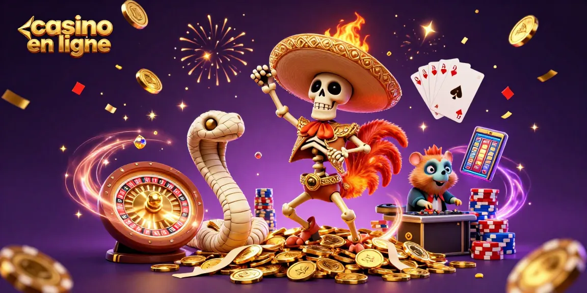 Casino en ligne : danse victorieuse d'un mariachi sur des pièces d'or entouré de jeux de casino