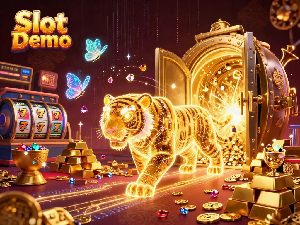 Engage in the Slot Demo adventure with a neon-wireframe tiger among treasures and gaming excitement.