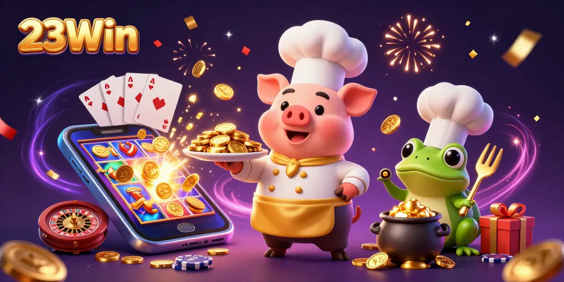 Experience winning big at 23Win with a vibrant casino scene of characters celebrating with gold coins.