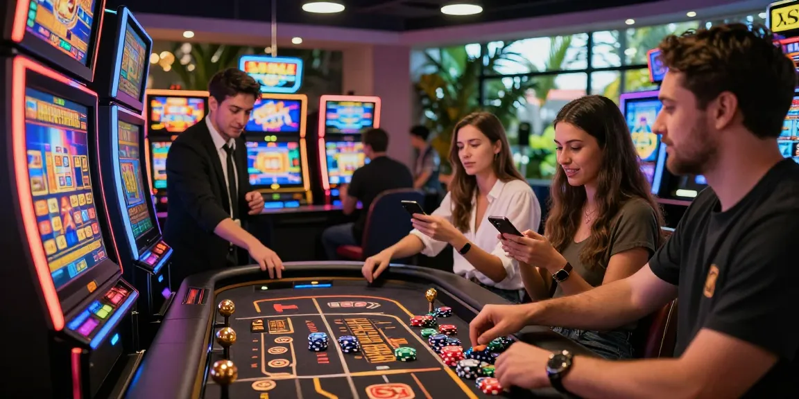 Pengalaman bermain slot online di kasino, BOS88 Daftar, dengan pemain yang terlibat dan suasana ceria.