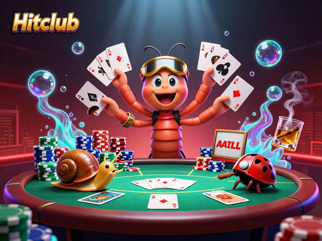 Engage in thrilling casino gameplay at Hitclub featuring a lively millipede dealer and vibrant game elements.