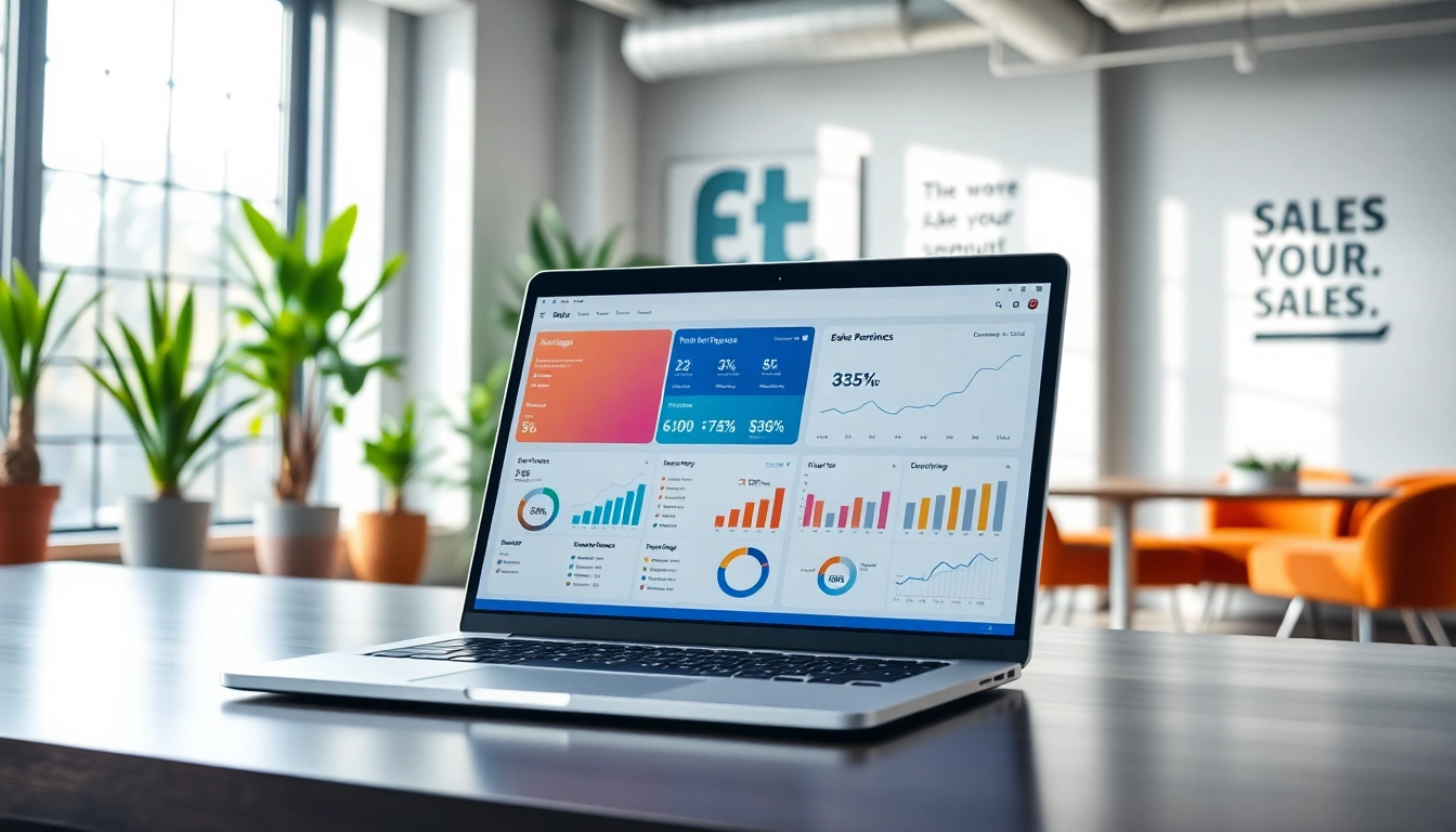 Showcasing sales AI software analytics on a laptop in a vibrant office setting.