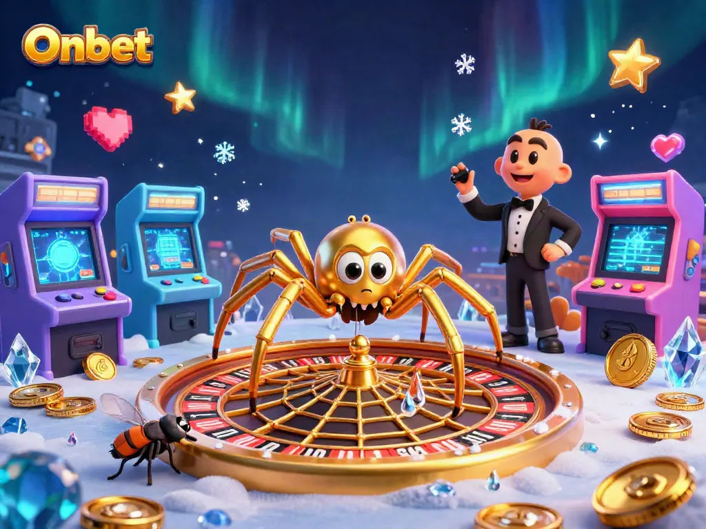 Onbet's golden spider and croupier spin a roulette wheel as a fly bets in this lively casino scene.