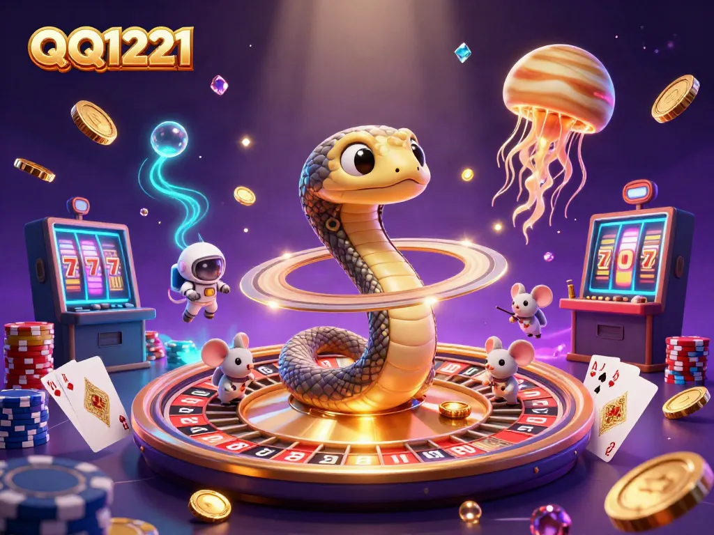 Place bets on QQ1221 at a cosmic casino with vibrant 3D illustrations of card games and a roulette wheel.