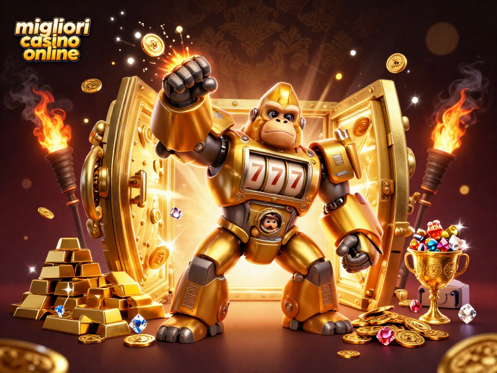 I migliori casino online con entusiasmanti vincite rappresentati da un mech gorilla dorato e giochi d'azzardo.