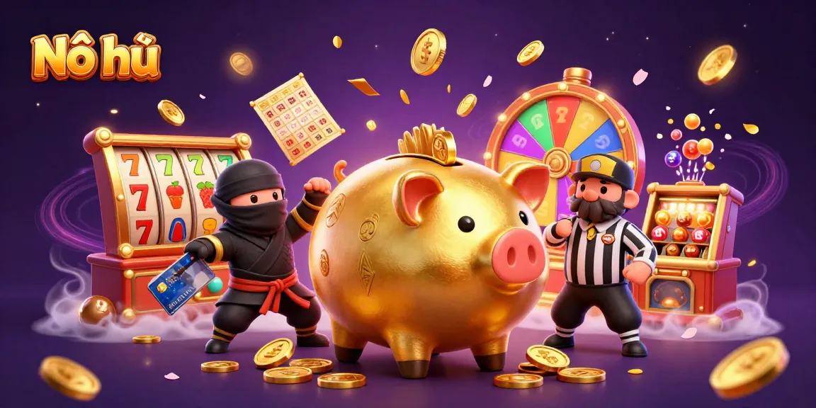Nổ hũ jackpot scene with a piggy bank sumo wrestler and ninja characters celebrating wins with slot reels.