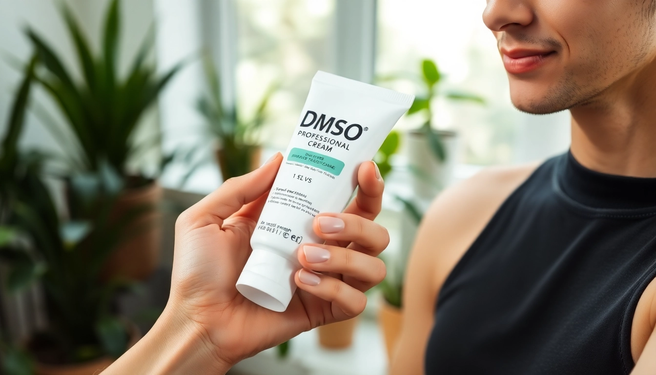 Applying DMSO cream to skin for soothing relief amidst a serene, natural backdrop.