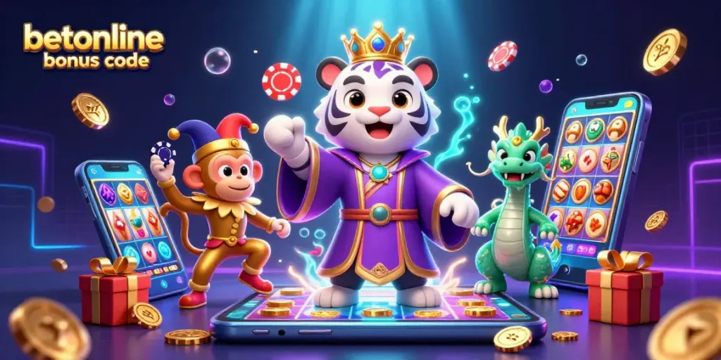 Engaging casino scene showcasing the betonline bonus code with lively characters and gaming elements.