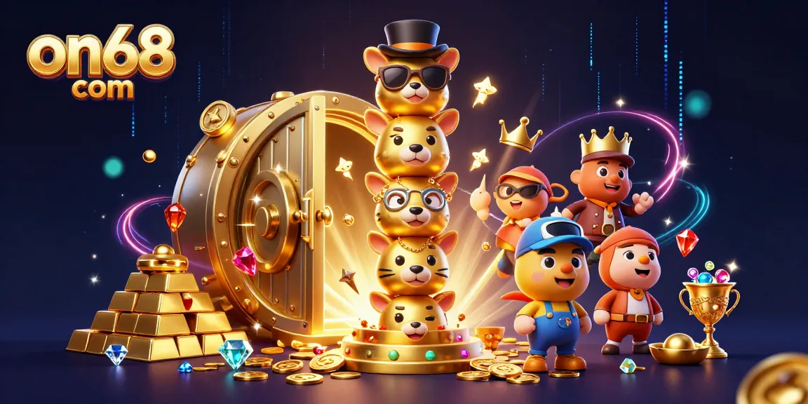 Join the excitement at on68 com, featuring a lively 3D casino scene with a golden totem pole and treasure elements.