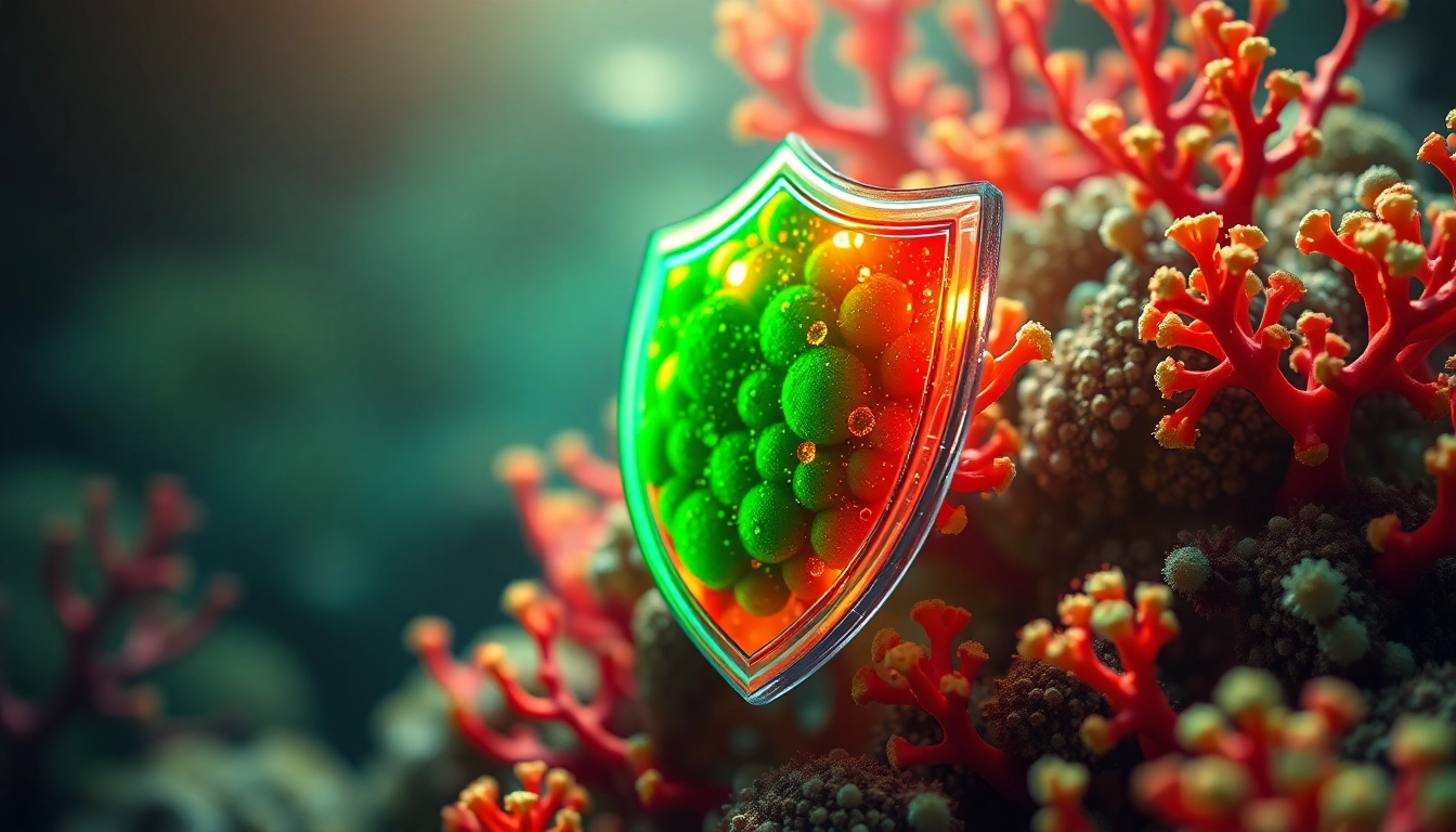 Enhance immune support with astaxanthin portrayed as a vibrant shield made of algae.