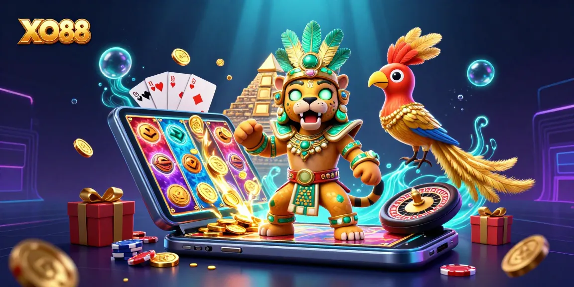 Experience thrill at XO88 with a vibrant 3D casino illustration featuring a Mayan priest and slot games.