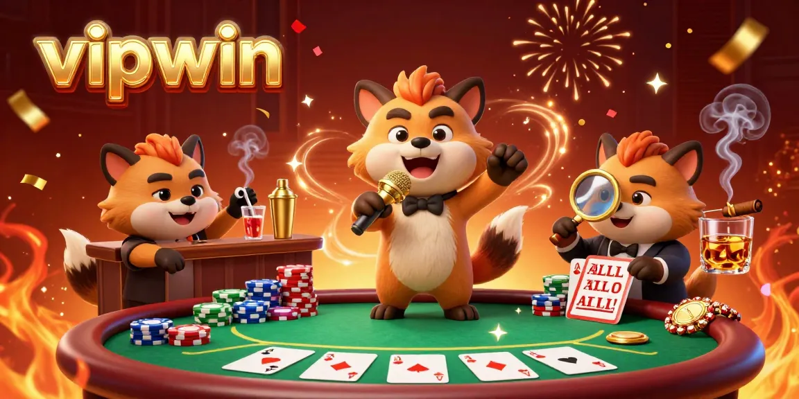 Experience the laughter at vipwin's vibrant comedy casino club with animated hyenas serving drinks and sharing jokes.