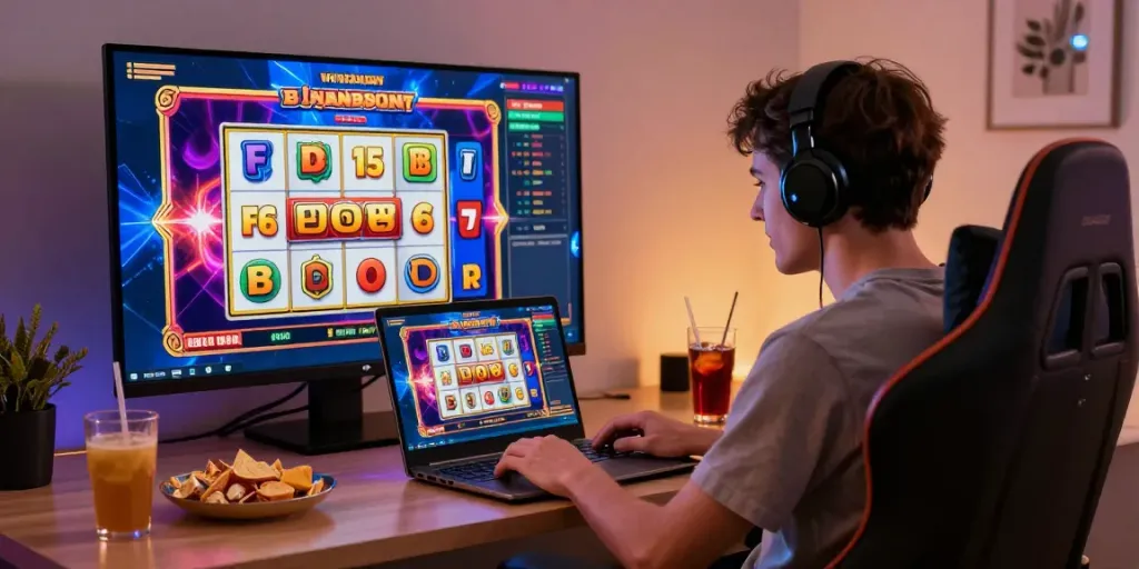 Engaged player enjoying online slot games on a laptop with vibrant graphics and promotions.